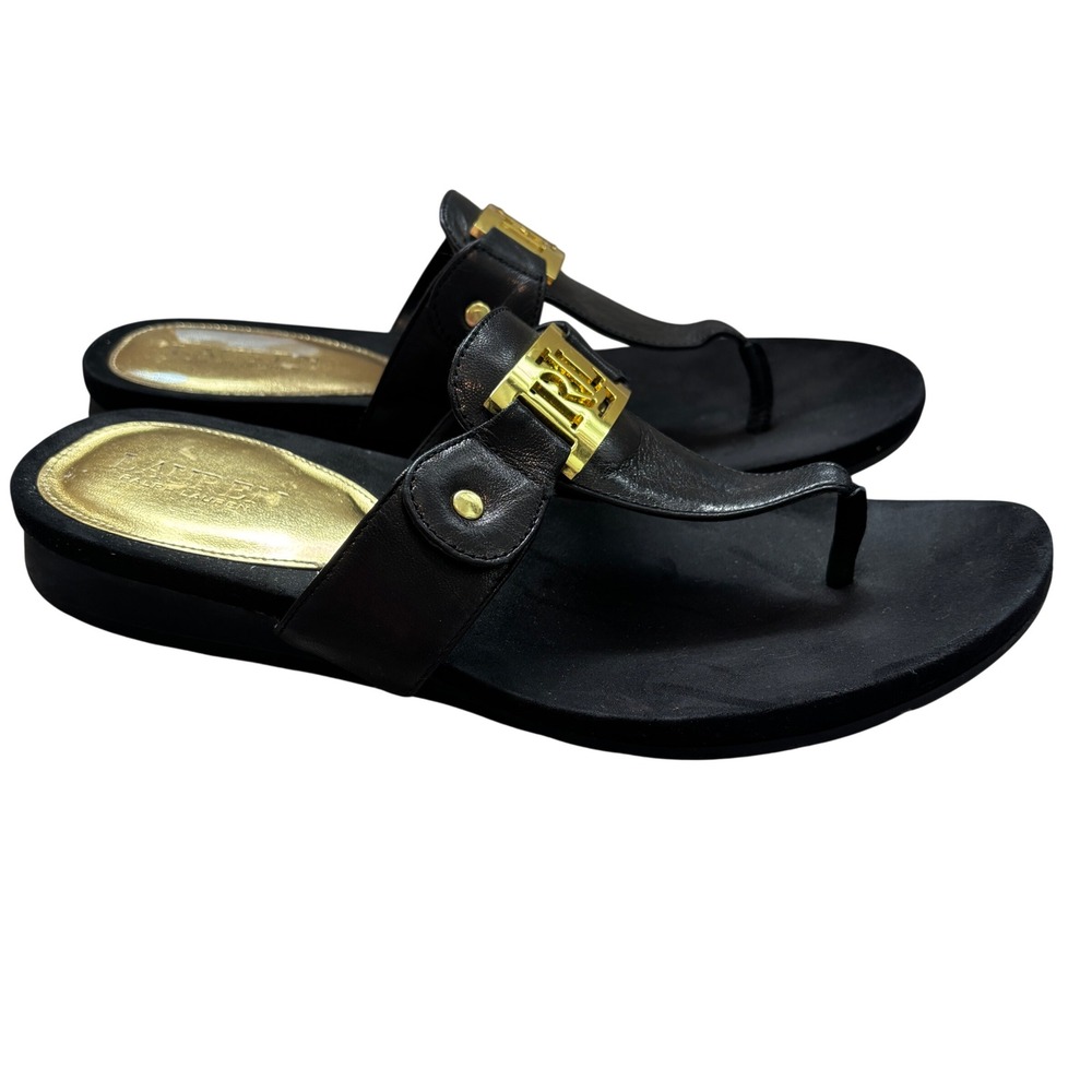 Lauren Ralph Lauren Thong Sandals Women 9.5 Black Gold Logo Leather Wedge